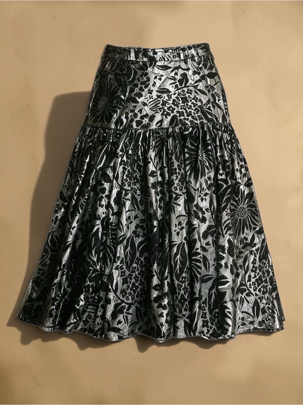 Vintage 90s Whimsigoth Black Velvet Burnout Floral Metallic Mesh Midi Skirt